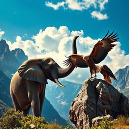 A colossal elephant raising its trunk high in a breathtaking mountainous landscape, exuding majesty and strength