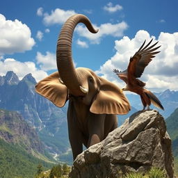 A colossal elephant raising its trunk high in a breathtaking mountainous landscape, exuding majesty and strength