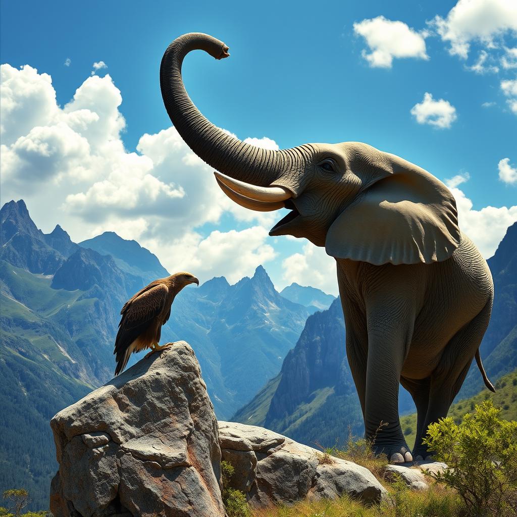 A colossal elephant raising its trunk high in a breathtaking mountainous landscape, exuding majesty and strength