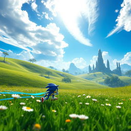 A very atmospheric scene inspired by the Sonic Frontiers game, featuring lush green landscapes with rolling hills, a vibrant blue sky, and dynamic clouds