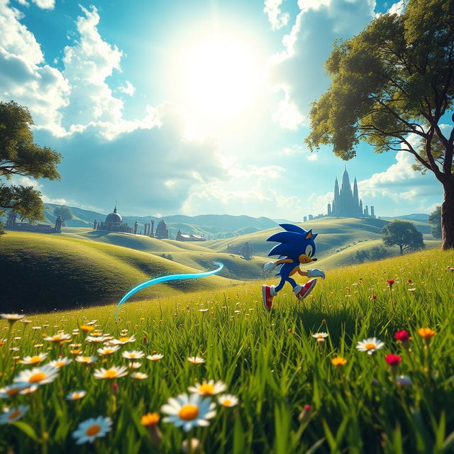 A very atmospheric scene inspired by the Sonic Frontiers game, featuring lush green landscapes with rolling hills, a vibrant blue sky, and dynamic clouds