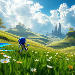 A very atmospheric scene inspired by the Sonic Frontiers game, featuring lush green landscapes with rolling hills, a vibrant blue sky, and dynamic clouds