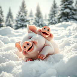A cute, chubby pig joyfully playing in a fluffy, white snow-filled landscape