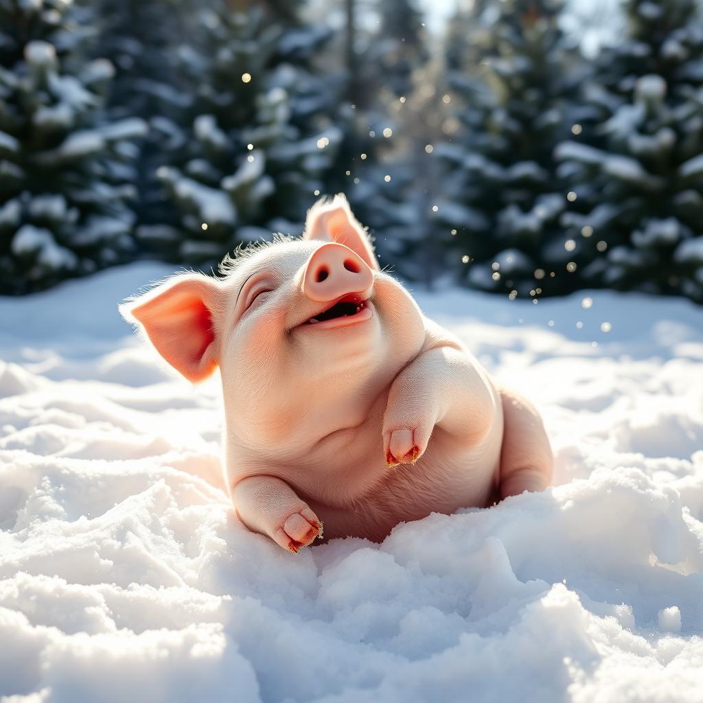 A cute, chubby pig joyfully playing in a fluffy, white snow-filled landscape