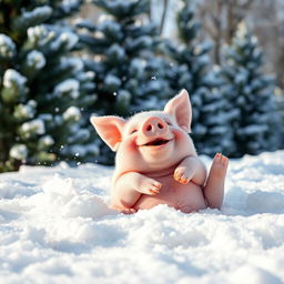 A cute, chubby pig joyfully playing in a fluffy, white snow-filled landscape