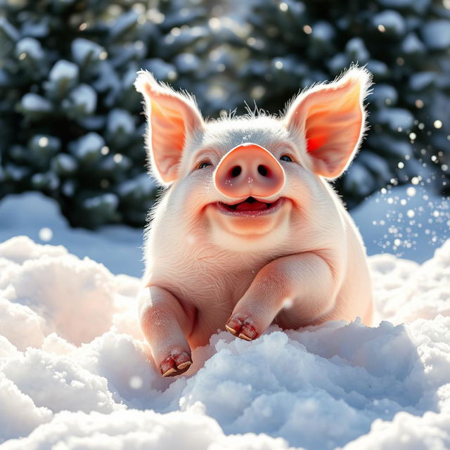 A cute, chubby pig joyfully playing in a fluffy, white snow-filled landscape