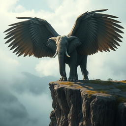 A stunning hybrid elephant with enormous eagle wings spreads them dramatically while standing atop a rugged cliff, overlooking a mysterious misty valley
