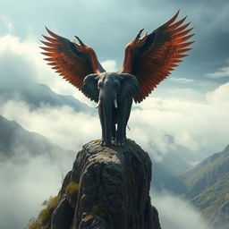 A stunning hybrid elephant with enormous eagle wings spreads them dramatically while standing atop a rugged cliff, overlooking a mysterious misty valley