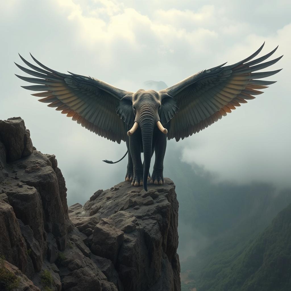 A stunning hybrid elephant with enormous eagle wings spreads them dramatically while standing atop a rugged cliff, overlooking a mysterious misty valley