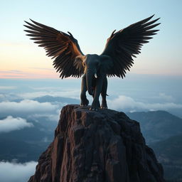 A fantastical hybrid elephant with enormous eagle wings spreads them dramatically while standing majestically atop a rugged rocky cliff, overlooking a vast, misty valley below