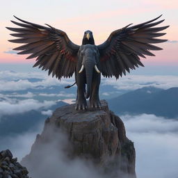 A fantastical hybrid elephant with enormous eagle wings spreads them dramatically while standing majestically atop a rugged rocky cliff, overlooking a vast, misty valley below