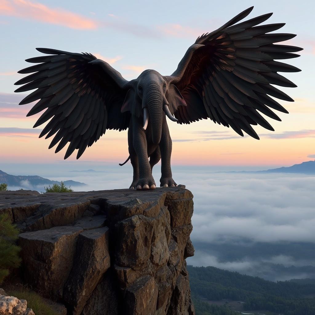 A fantastical hybrid elephant with enormous eagle wings spreads them dramatically while standing majestically atop a rugged rocky cliff, overlooking a vast, misty valley below