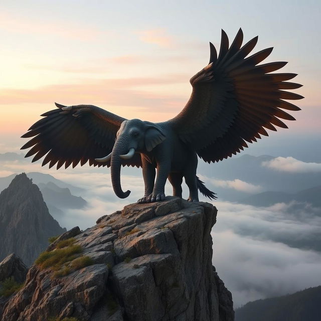 A fantastical hybrid elephant with enormous eagle wings spreads them dramatically while standing majestically atop a rugged rocky cliff, overlooking a vast, misty valley below