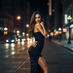 A seductive fashion model posing confidently on a dimly lit city street at night, dressed in a figure-hugging black dress that elegantly accentuates her curves