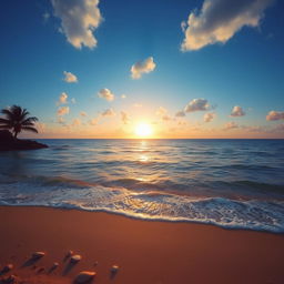 A serene view of a vast ocean with gentle waves lapping at a sandy beach, under a clear blue sky with scattered fluffy white clouds