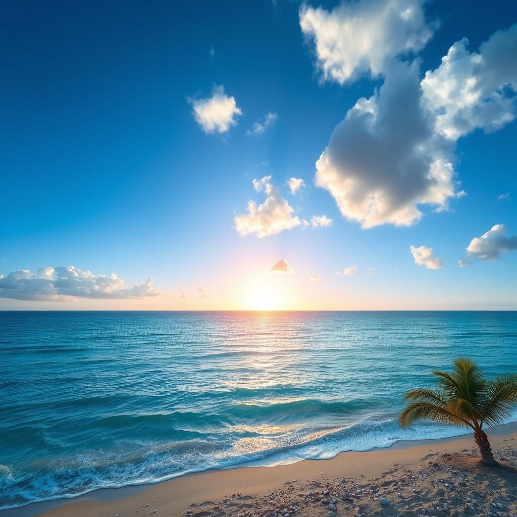 A serene view of a vast ocean with gentle waves lapping at a sandy beach, under a clear blue sky with scattered fluffy white clouds
