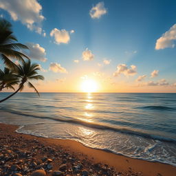 A serene view of a vast ocean with gentle waves lapping at a sandy beach, under a clear blue sky with scattered fluffy white clouds