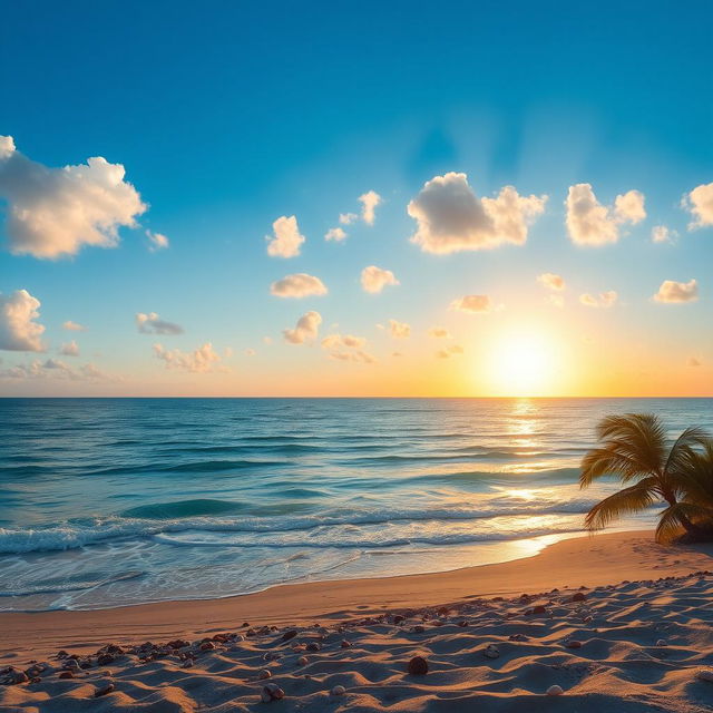 A serene view of a vast ocean with gentle waves lapping at a sandy beach, under a clear blue sky with scattered fluffy white clouds