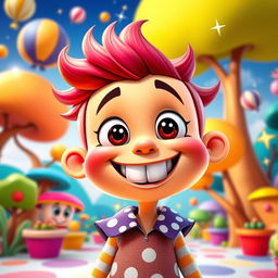 A vibrant cartoon character with bright colors, exaggerated features, and a playful expression