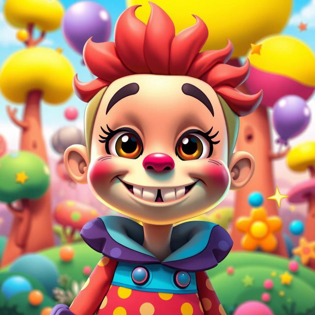 A vibrant cartoon character with bright colors, exaggerated features, and a playful expression