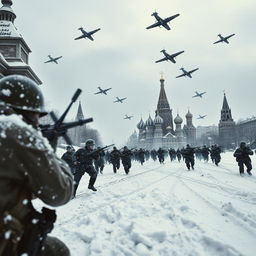 A dramatic scene depicting the German soldiers attacking Moscow during World War II, specifically in the year 1947