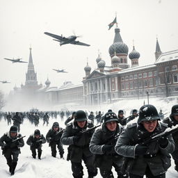 A dramatic scene depicting the German soldiers attacking Moscow during World War II, specifically in the year 1947