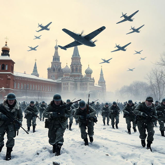 A dramatic scene depicting the German soldiers attacking Moscow during World War II, specifically in the year 1947