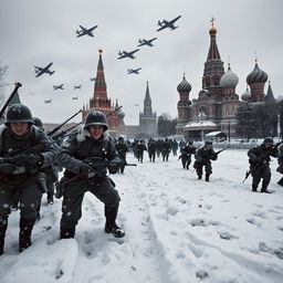 A dramatic scene depicting the German soldiers attacking Moscow during World War II, specifically in the year 1947