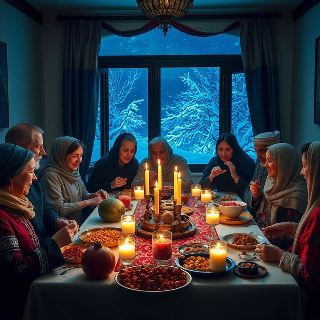 A traditional Iranian Yalda Night celebration, showcasing a beautifully decorated table filled with symbolic foods such as pomegranate, watermelon, nuts, and sweets