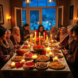 A traditional Iranian Yalda Night celebration, showcasing a beautifully decorated table filled with symbolic foods such as pomegranate, watermelon, nuts, and sweets