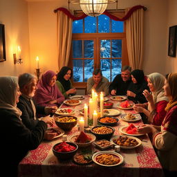 A traditional Iranian Yalda Night celebration, showcasing a beautifully decorated table filled with symbolic foods such as pomegranate, watermelon, nuts, and sweets