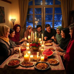 A traditional Iranian Yalda Night celebration, showcasing a beautifully decorated table filled with symbolic foods such as pomegranate, watermelon, nuts, and sweets