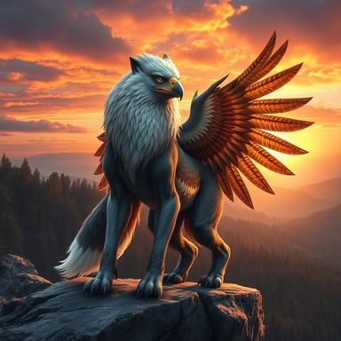 A fantastical creature that features the majestic characteristics of both a wolf and an eagle