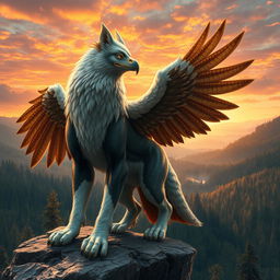 A fantastical creature that features the majestic characteristics of both a wolf and an eagle