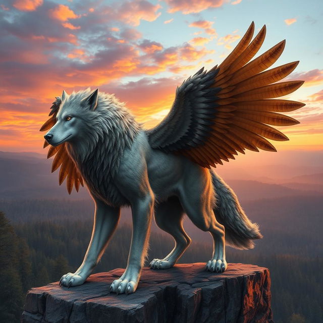 A fantastical creature that features the majestic characteristics of both a wolf and an eagle