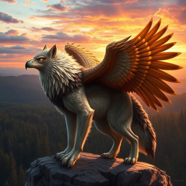 A fantastical creature that features the majestic characteristics of both a wolf and an eagle