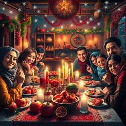 An enchanting and vibrant depiction of Yalda Night, showcasing a beautifully set traditional Persian table adorned with colorful fruits like pomegranates and watermelon, lit candles, and intricate textiles