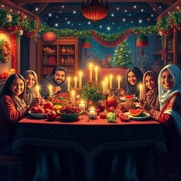 An enchanting and vibrant depiction of Yalda Night, showcasing a beautifully set traditional Persian table adorned with colorful fruits like pomegranates and watermelon, lit candles, and intricate textiles