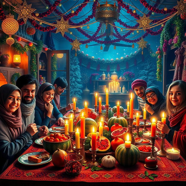 An enchanting and vibrant depiction of Yalda Night, showcasing a beautifully set traditional Persian table adorned with colorful fruits like pomegranates and watermelon, lit candles, and intricate textiles