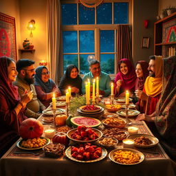 A vibrant Iranian Yalda night scene, featuring a beautifully set traditional table with an array of fruits like pomegranates and watermelon, alongside nuts and sweets, all under soft glowing candlelight