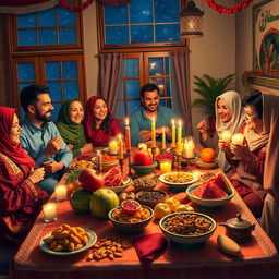 A vibrant Iranian Yalda night scene, featuring a beautifully set traditional table with an array of fruits like pomegranates and watermelon, alongside nuts and sweets, all under soft glowing candlelight