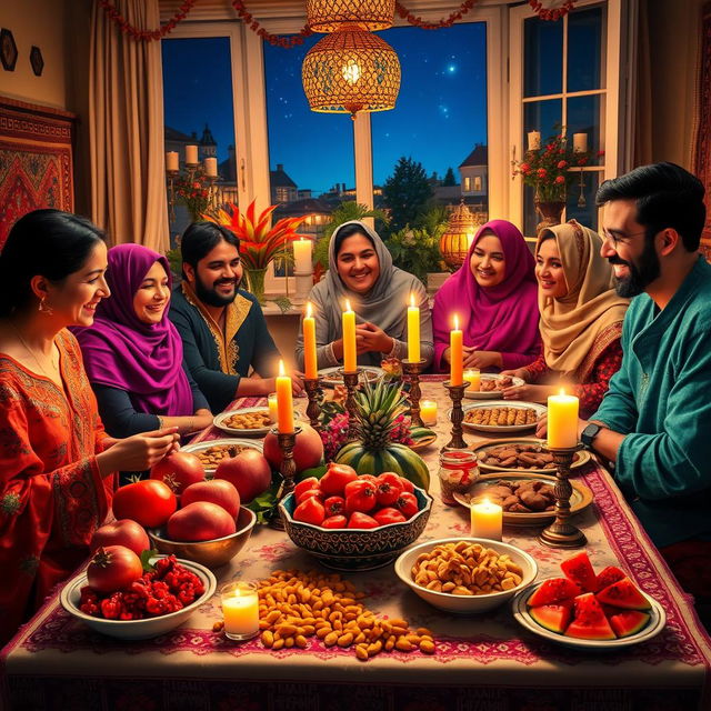 A vibrant Iranian Yalda night scene, featuring a beautifully set traditional table with an array of fruits like pomegranates and watermelon, alongside nuts and sweets, all under soft glowing candlelight