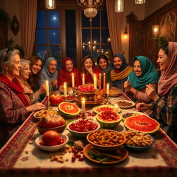 A vibrant Iranian Yalda night scene, featuring a beautifully set traditional table with an array of fruits like pomegranates and watermelon, alongside nuts and sweets, all under soft glowing candlelight