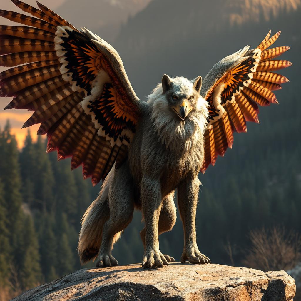 A mythical creature with the muscular body of a wolf and majestic eagle wings