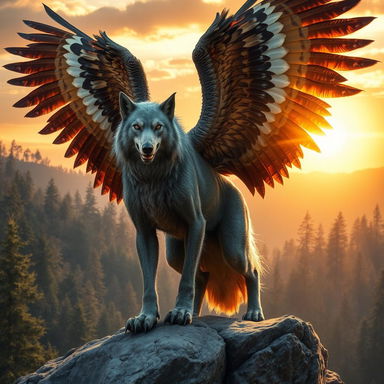 A mythical creature with the muscular body of a wolf and majestic eagle wings