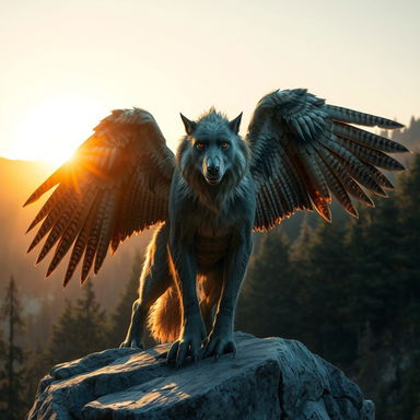 A mythical creature with the muscular body of a wolf and majestic eagle wings