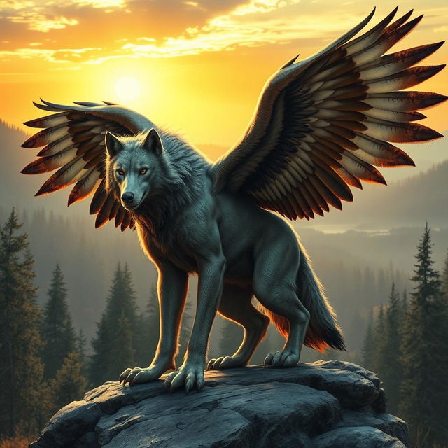 A mythical creature with the muscular body of a wolf and majestic eagle wings