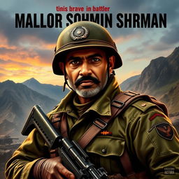 A heroic depiction of Major Somnath Sharma, showcasing his bravery in battle
