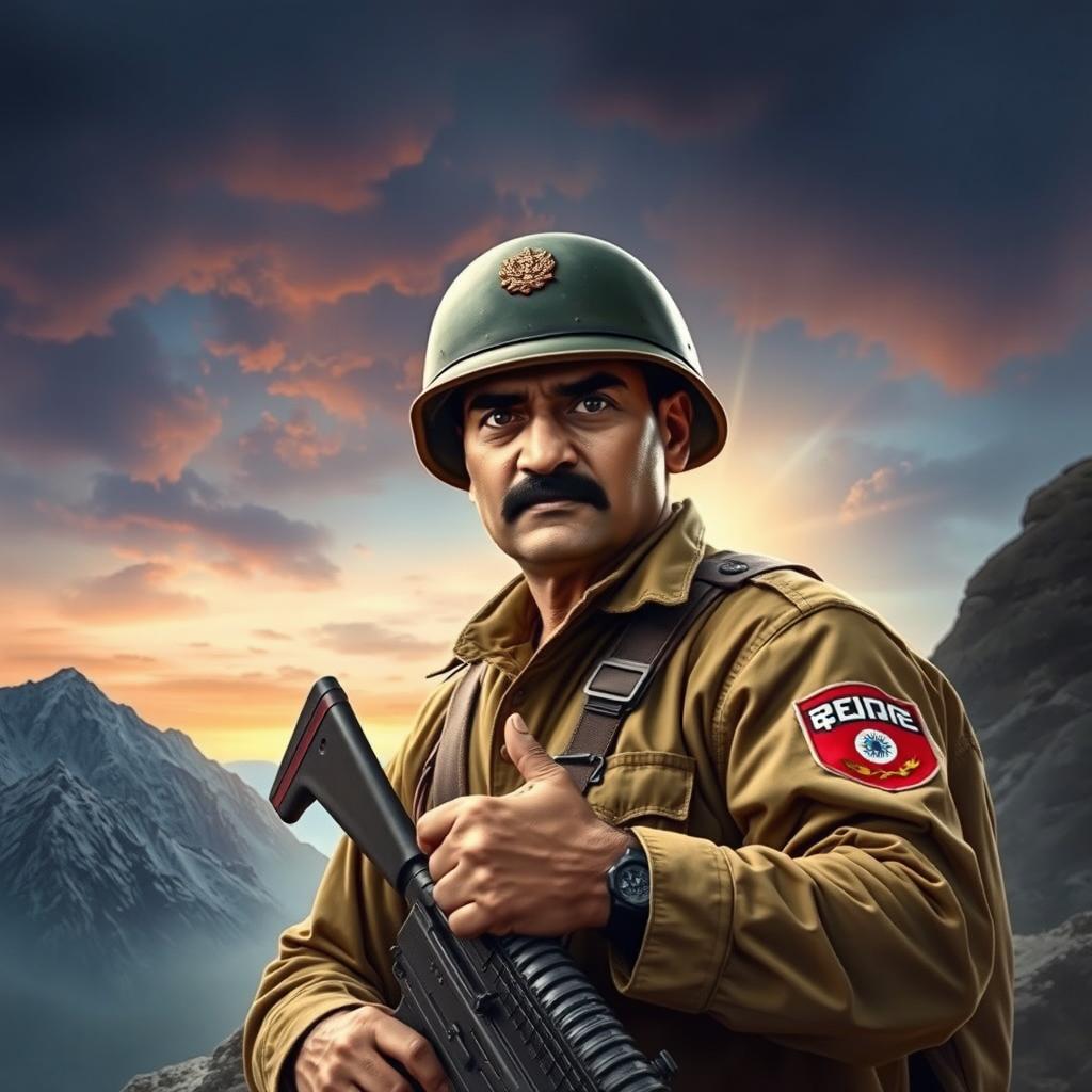 A heroic depiction of Major Somnath Sharma, showcasing his bravery in battle