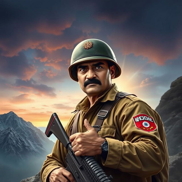 A heroic depiction of Major Somnath Sharma, showcasing his bravery in battle